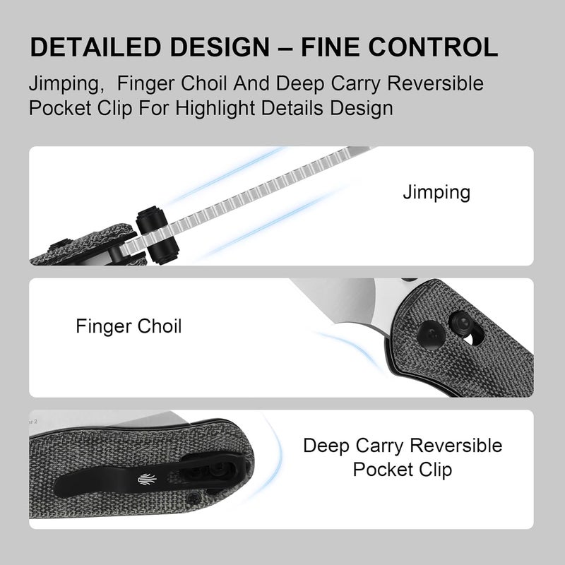 KIZER سكين جيب دروب بير 2، شفرة شيفت فوت نيترو-في 2.84" قابلة للطي مع مقبض ميكارتا أسود، سكاكين EDC بقفل كلتش مع نتوءات على العمود للرجال والنساء V3619.2KS1 - Image 4